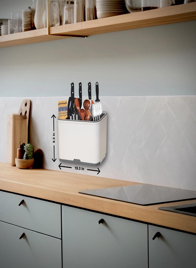 BAREPEPE Self Adhesive Plastic Wall Mounted Kitchen Cutlery Holder, Spoon Holder, Chopstick Holder Organizer Stand (White & Grey) (20*15*10 cm) - Image 3